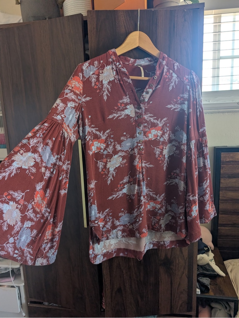 Free People Rust Floral Bell-Sleeve Blouse